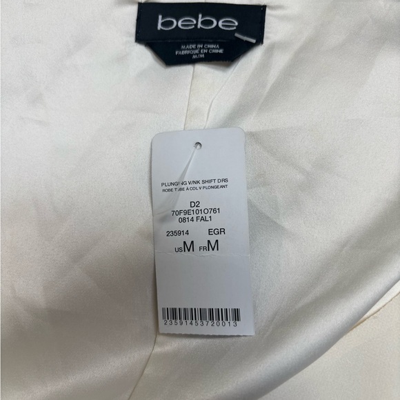 BeBe PLUNGING OFF WHITE V-NECK MINI SHIFT DRESS SHEER SLEEVES FORMAL NWT SZ M - Picture 12 of 14